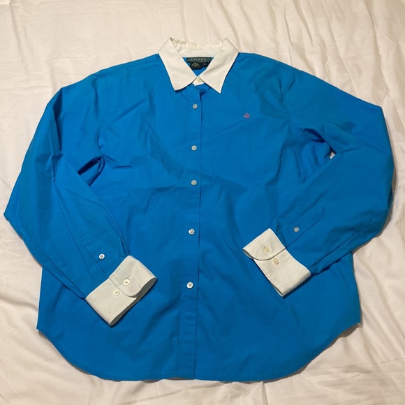 Lauren Ralph Lauren Tops - Womens Ralph Lauren VTG Turquoise Button-Down Shirt White Collar & Cuffs Size L